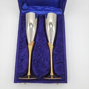 Elegant Silver & Brass Champagne Flutes In Velvet Box #3061
